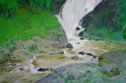 Oil painting of vibrant green waterfall by Likholet Alexei Kirillovich