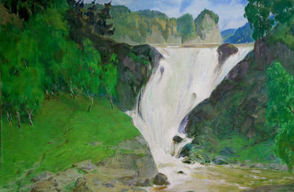 Oil painting of vibrant green landscape with powerful white waterfall by Likholet Alexei Kirillovich