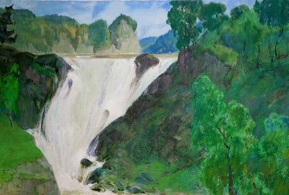Oil painting of vibrant green waterfall landscape by Likholet Alexei Kirillovich