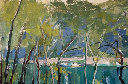 Vibrant impressionist oil painting by Panich Igor Vasilievich: tall trees, river landscape