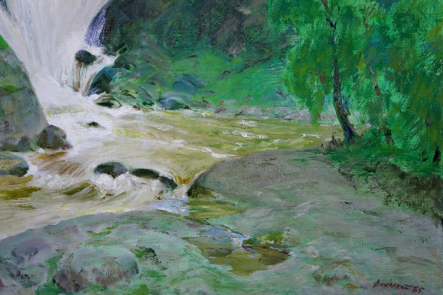 Oil painting of vibrant green tree by waterfall river by Likholet Alexei Kirillovich