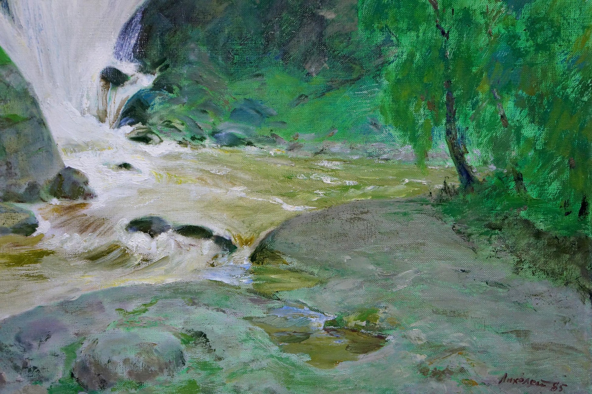 Oil painting of vibrant green tree by waterfall river by Likholet Alexei Kirillovich