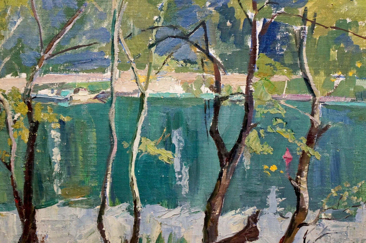 Vibrant oil painting by Panich Igor Vasilievich: slender trees frame serene teal lake