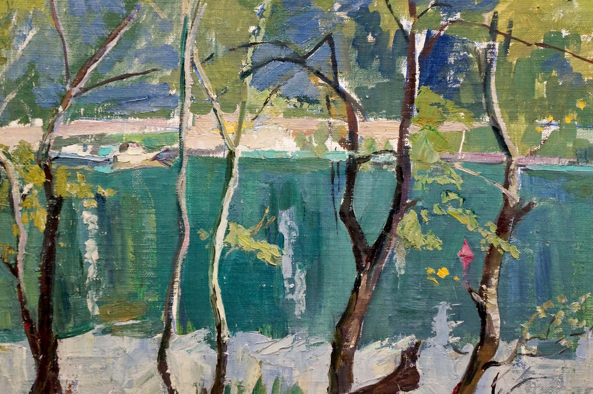 Vibrant oil painting by Panich Igor Vasilievich: slender trees frame serene teal lake