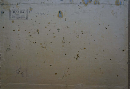 Back of oil painting River landscape by Panich Igor Vasilievich with worn beige cardboard, faded label and dark stains