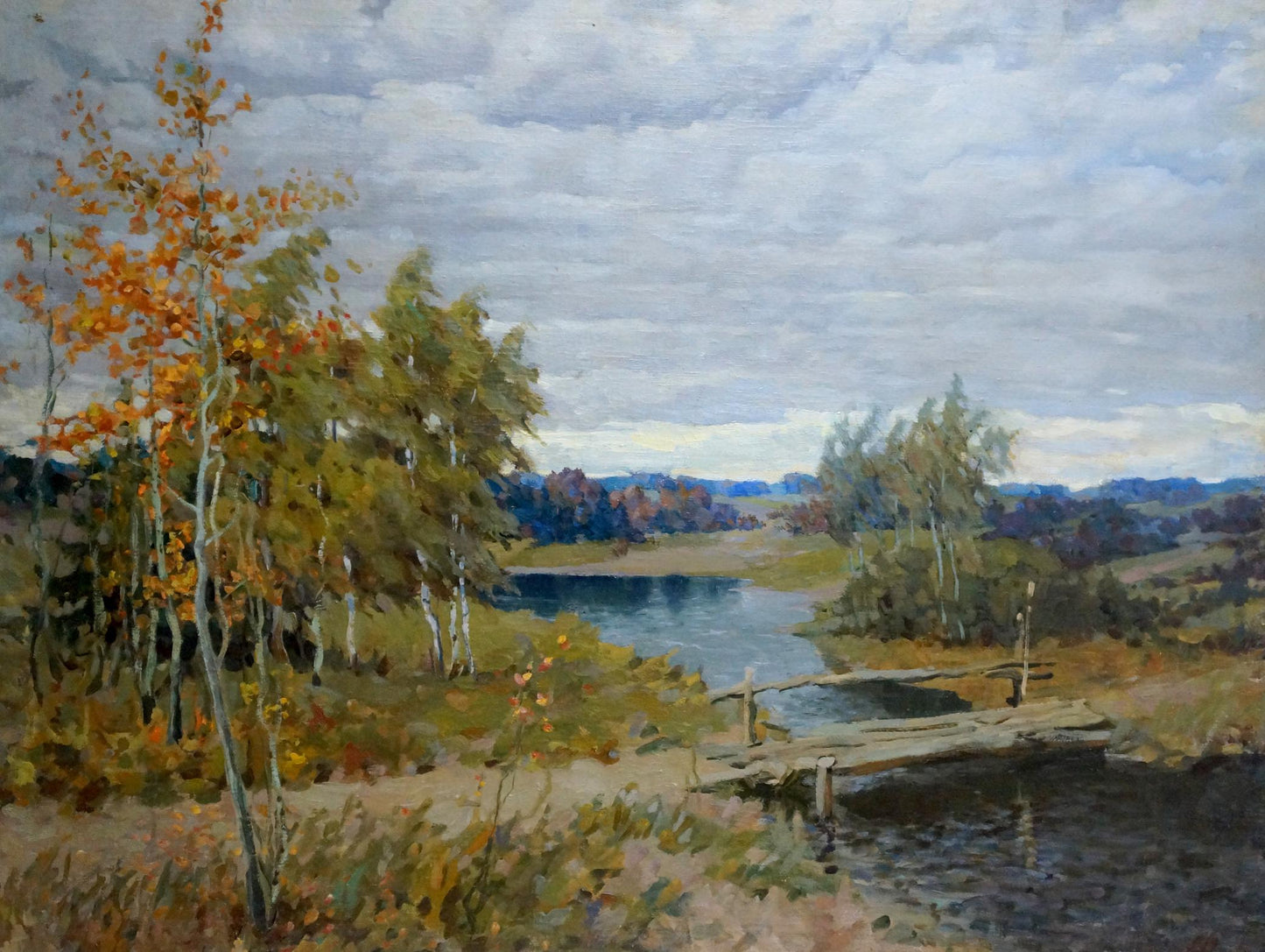 Oil painting of autumn landscape by Alexander Petrovich Bykov: rustic dock on calm water