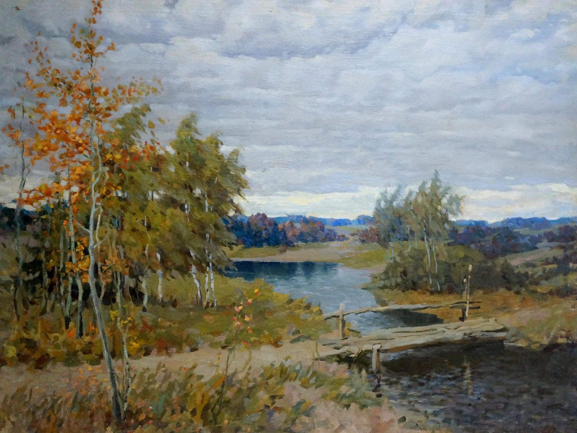 Oil painting of autumn landscape by Alexander Petrovich Bykov: rustic dock on calm water