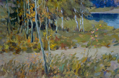Oil painting Autumn landscape by Alexander Petrovich Bykov: birch trees, autumn leaves, blue water