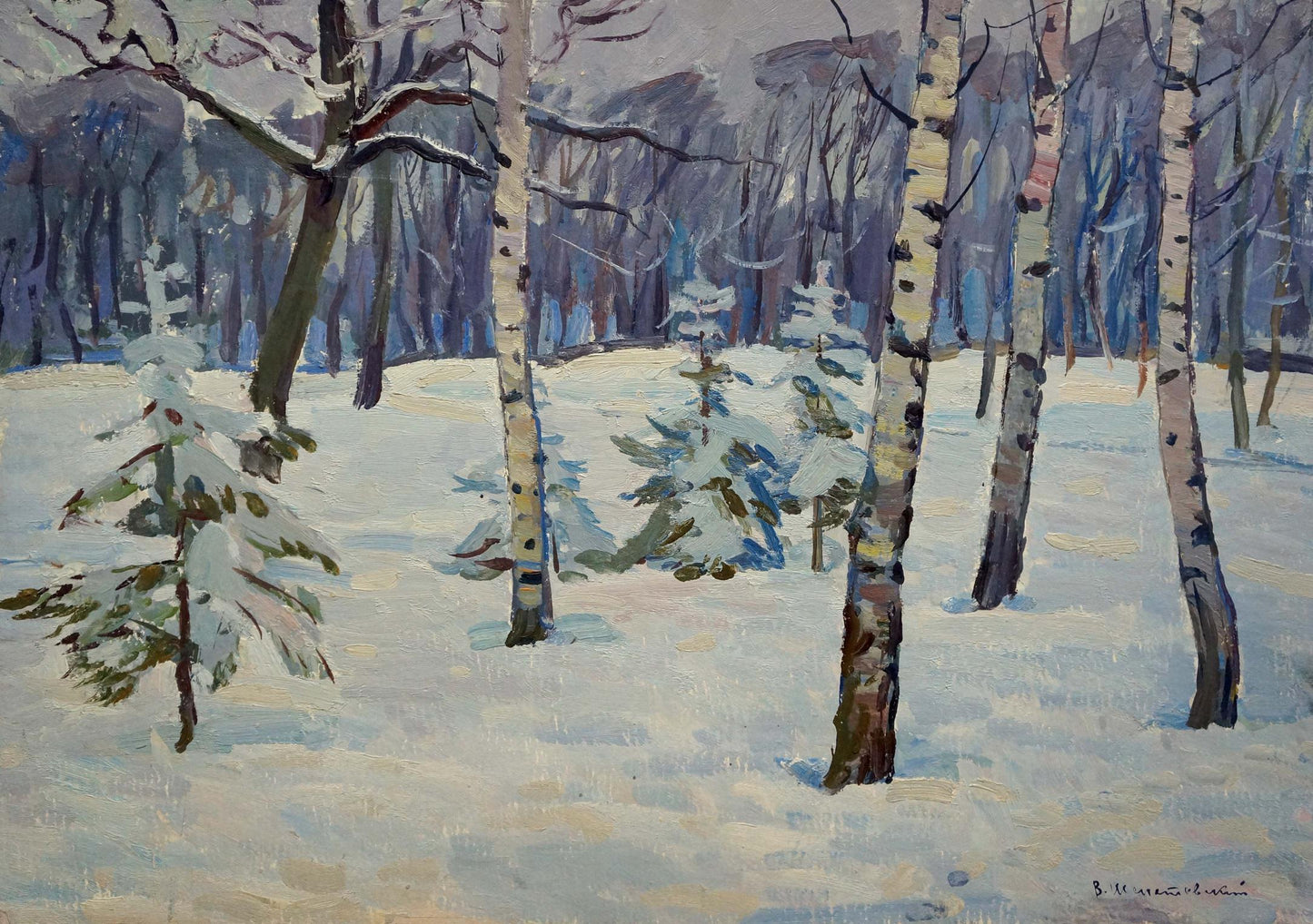 Oil painting by Shepetovsky Vitaly Yakovlevich: snowy birch trees winter landscape