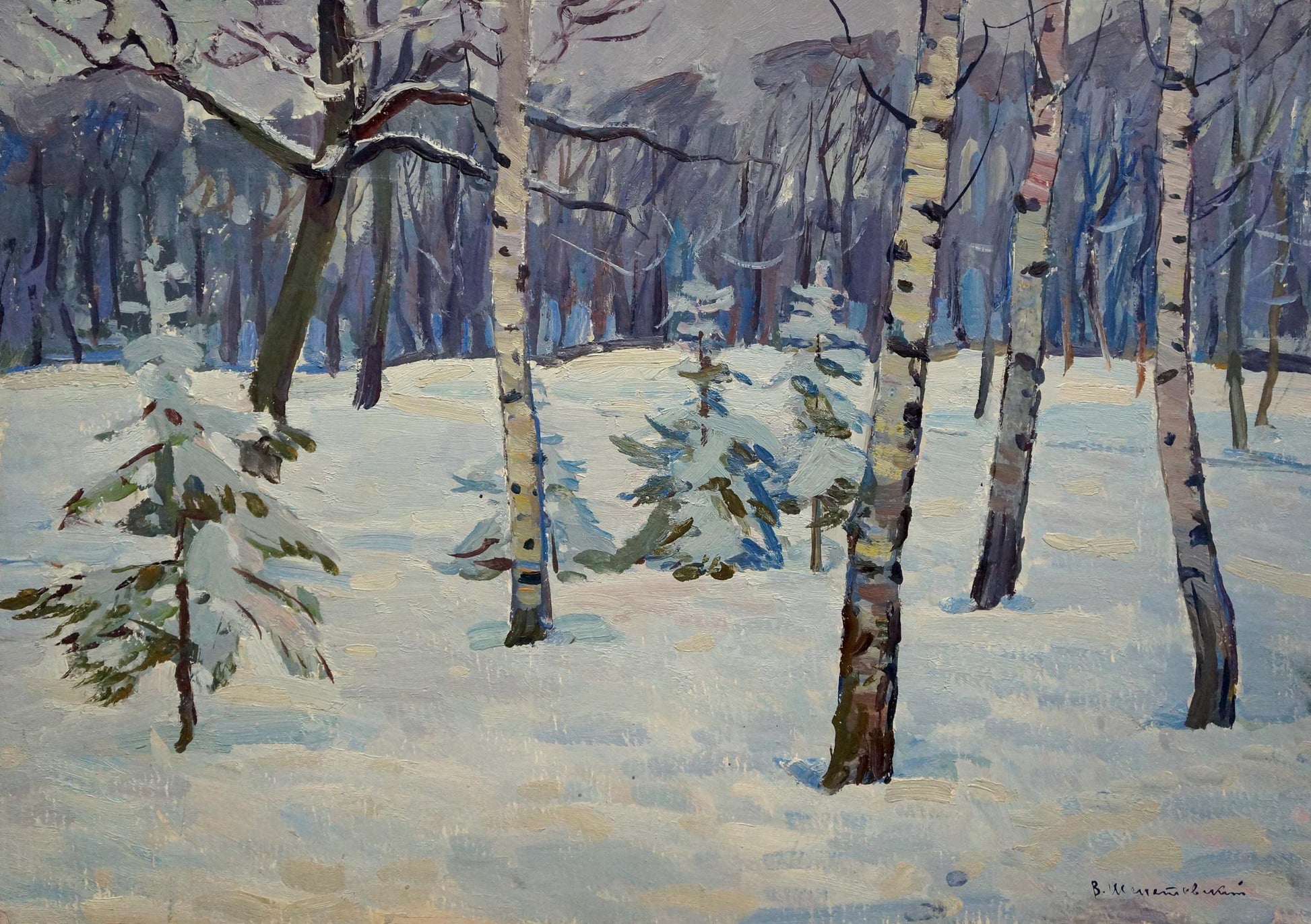 Oil painting by Shepetovsky Vitaly Yakovlevich: snowy birch trees winter landscape