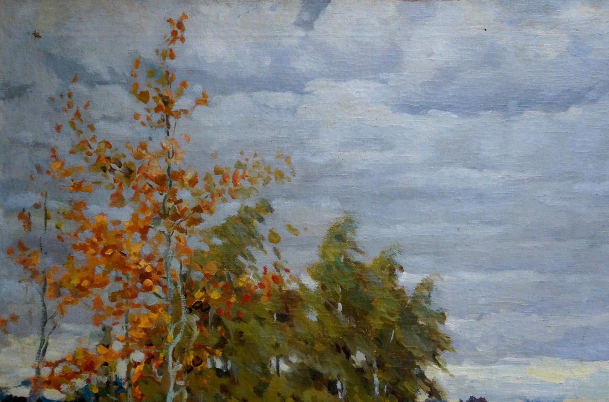 Oil painting of autumn tree in orange and yellow leaves by Alexander Petrovich Bykov