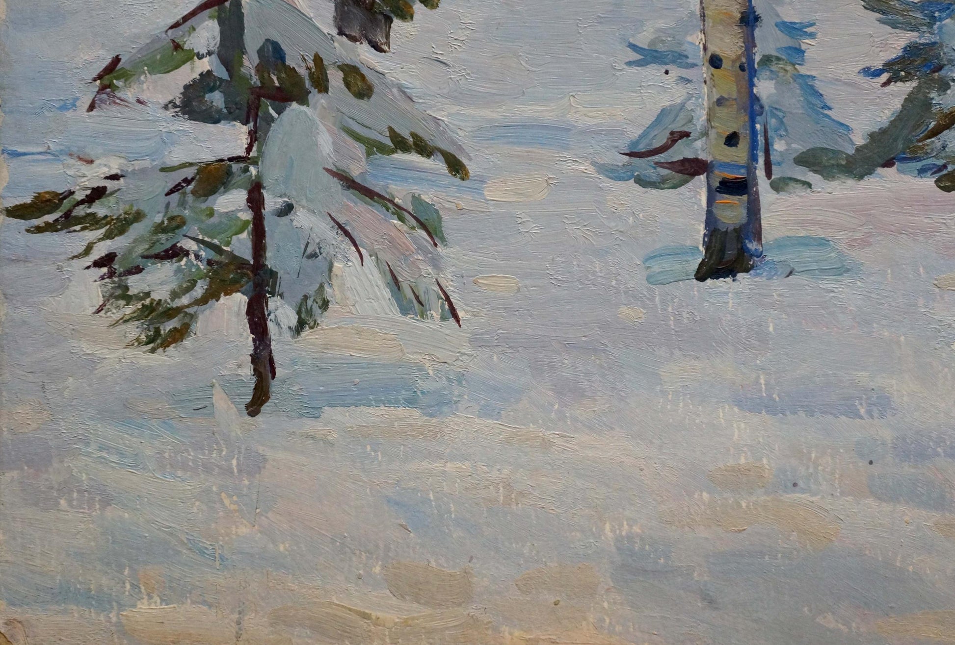 Oil painting by Shepetovsky Vitaly Yakovlevich: snowy landscape with pine and birch trees