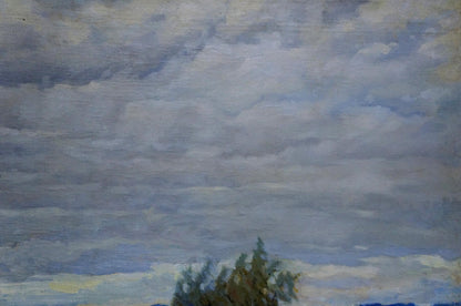 Oil painting of autumn landscape by Alexander Petrovich Bykov, cloudy sky over tree silhouette