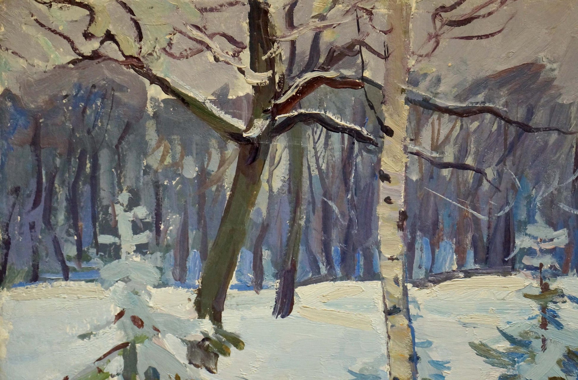 Winter landscape painting featuring snow-covered birch trees with white bark and dark branches against a muted blue and gray background.