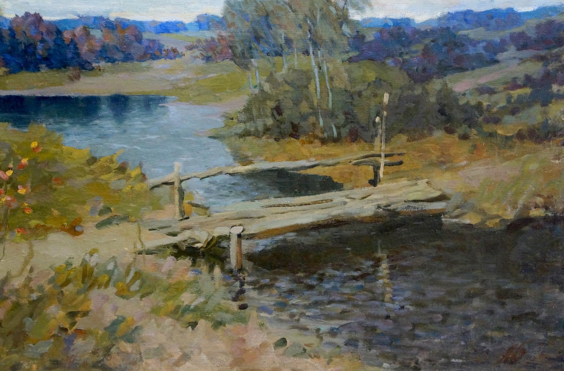 Oil painting of weathered wooden dock over calm water by Alexander Petrovich Bykov
