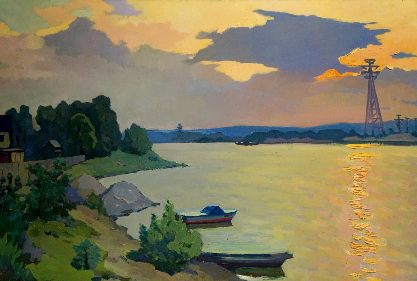 Serene oil painting of coastal river sunset with red blue boats