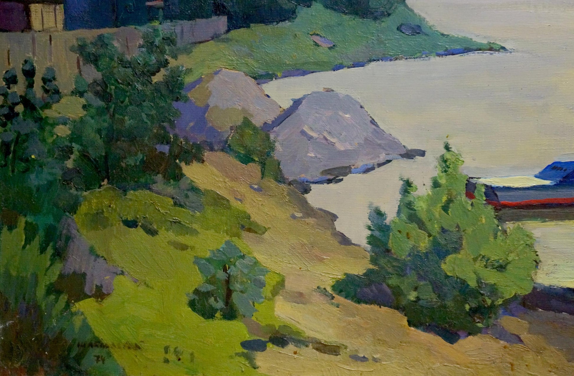 Vibrant impressionist oil painting of sunlit coastal landscape by unknown artist