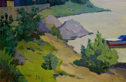 Vibrant impressionist oil painting of sunlit coastal landscape by unknown artist