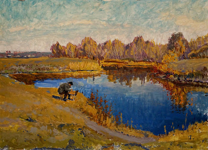 Oil painting by Pavlyuchenko Vladimir: autumn landscape with lone fisherman by blue pond