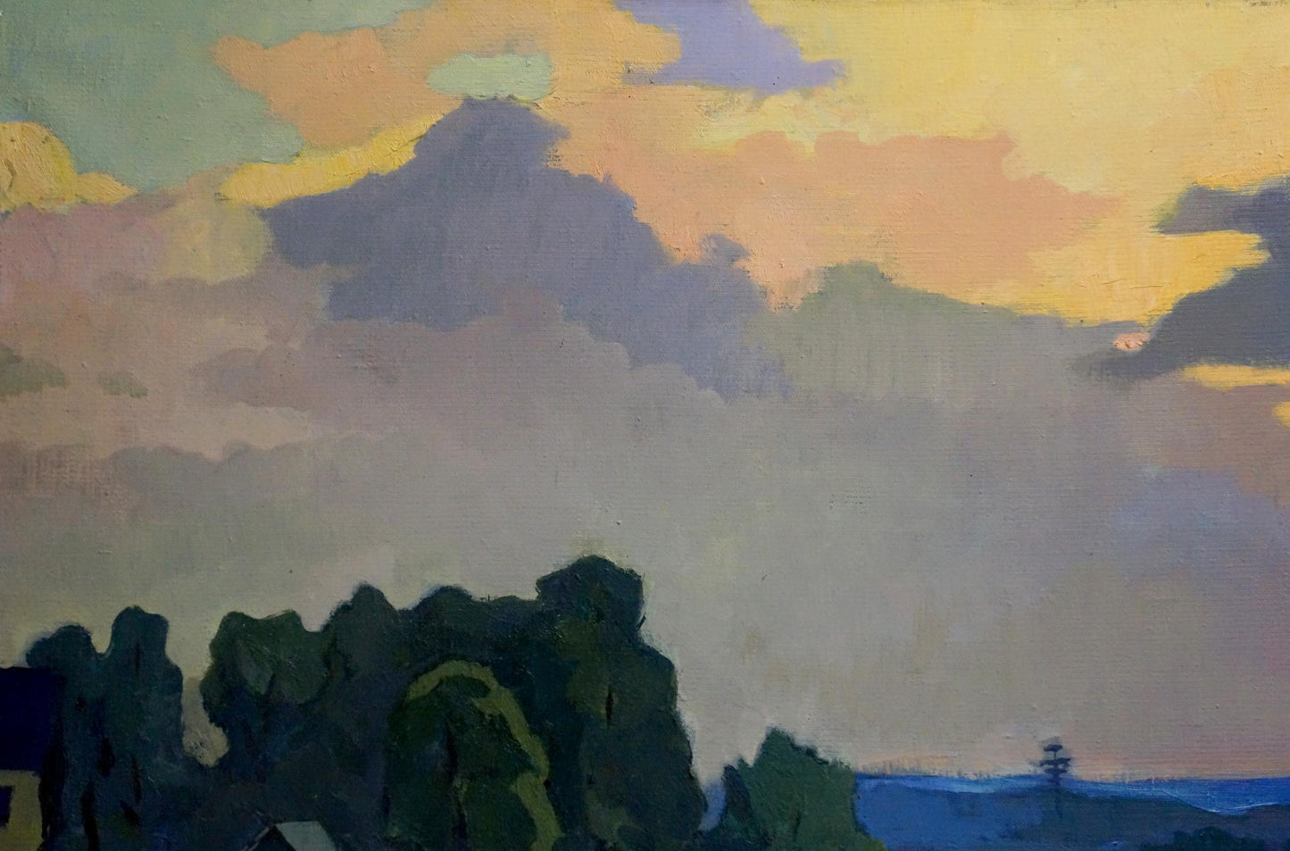 Oil painting of coastal landscape with yellow-purple sky and green trees by unknown artist