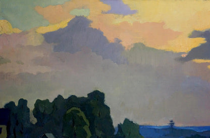 Oil painting of coastal landscape with yellow-purple sky and green trees by unknown artist