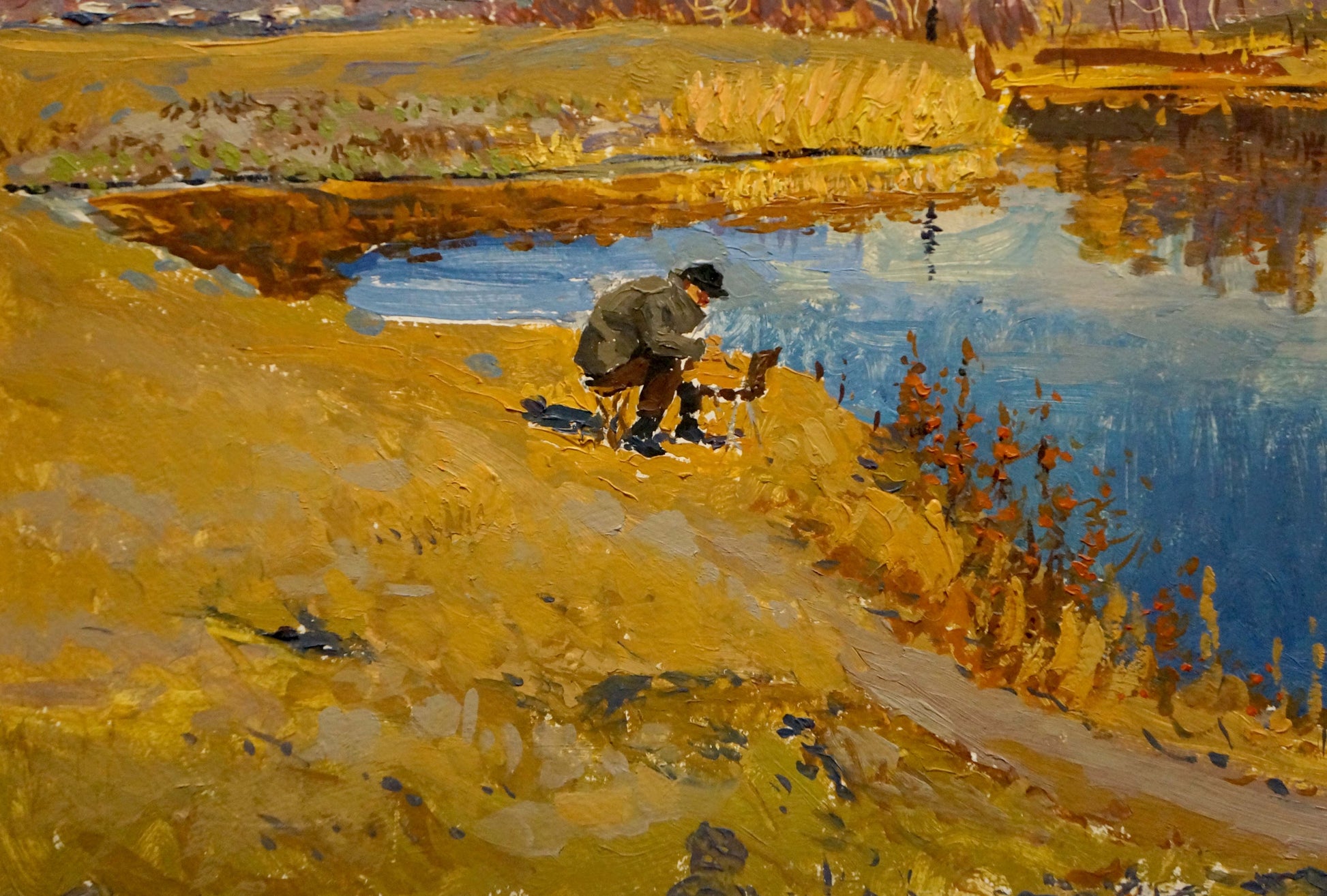 Oil painting Autumn landscape by Pavlyuchenko Vladimir, painterly man by water