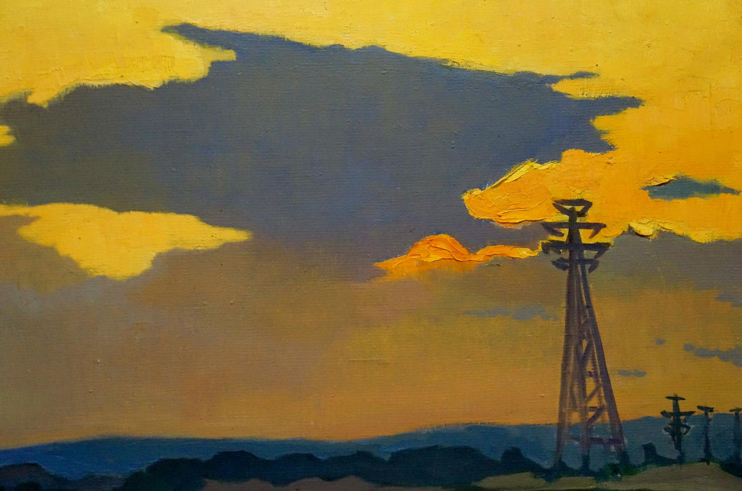 Oil painting of tall power line tower at sunset by unknown artist