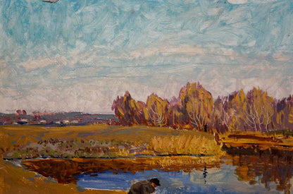 Oil painting Autumn landscape by Pavlyuchenko Vladimir with golden trees