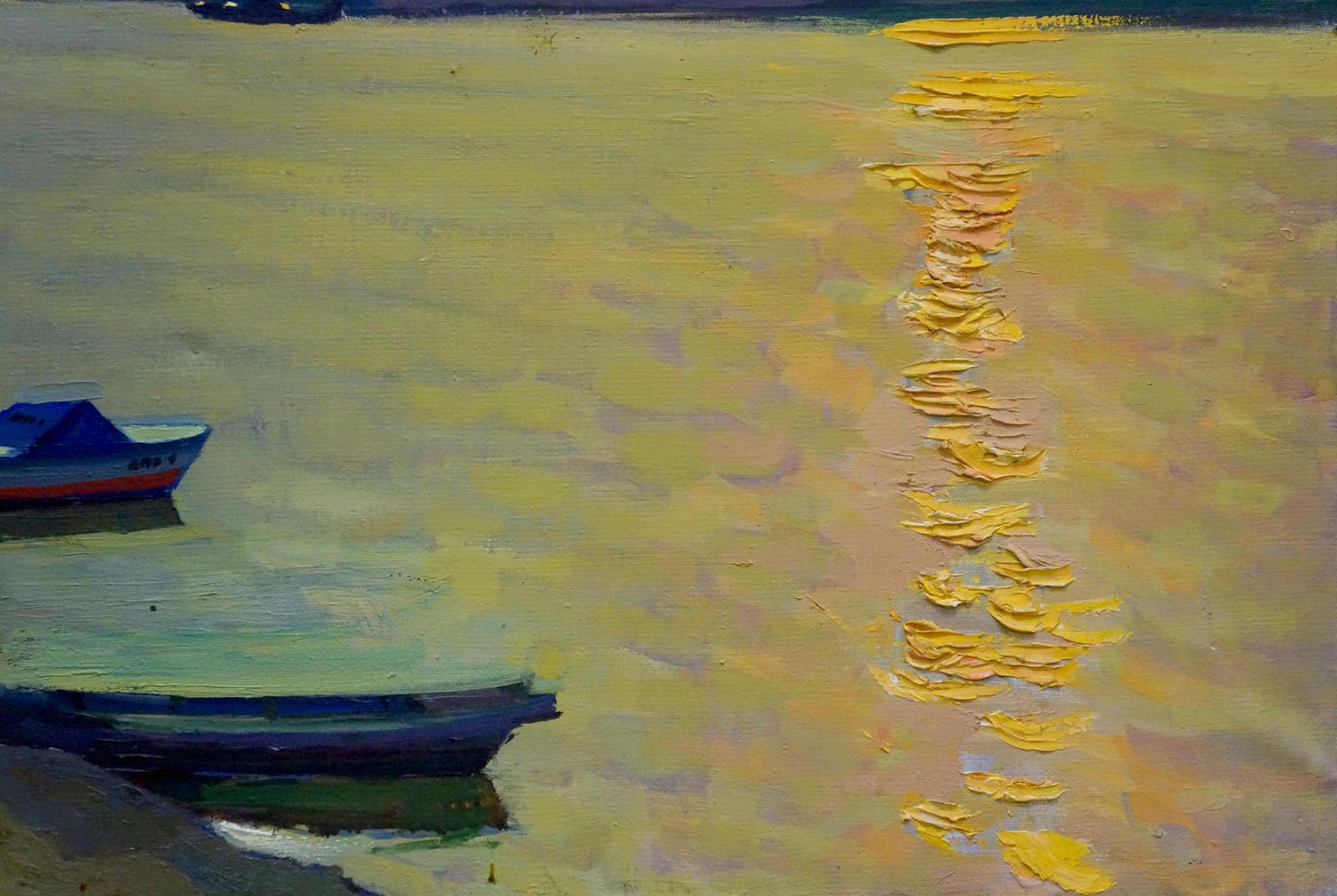 Serene impressionist oil painting of coastal boats on golden water