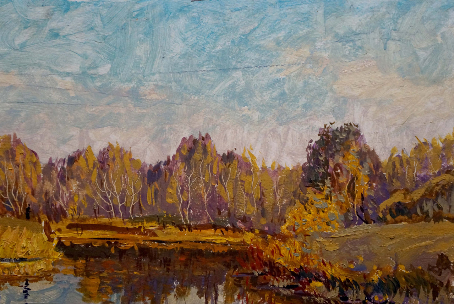Oil painting Autumn landscape by Pavlyuchenko Vladimir, golden trees reflected in water