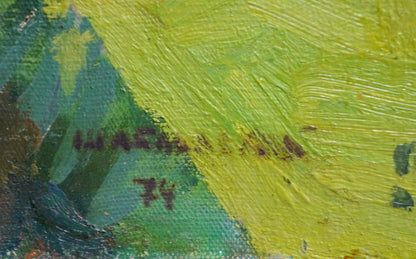 Oil painting landscape near coast: vibrant green yellow strokes, purple 74 signature