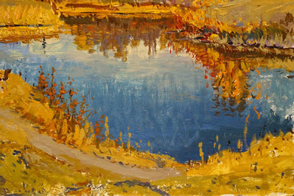 Oil painting Autumn landscape by Pavlyuchenko Vladimir: serene lake with golden trees