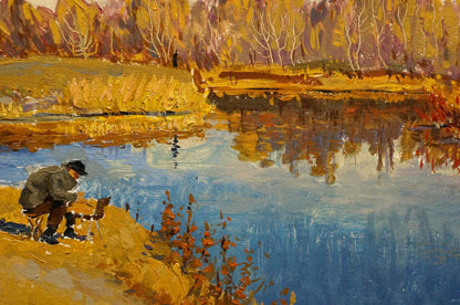 Oil painting Autumn landscape by Pavlyuchenko Vladimir: man fishing by blue river amid golden trees
