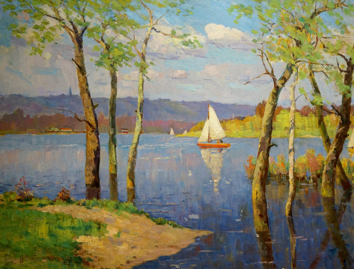Oil painting by Dobrzhansky Victor Mikhailovich: sailboat on calm water