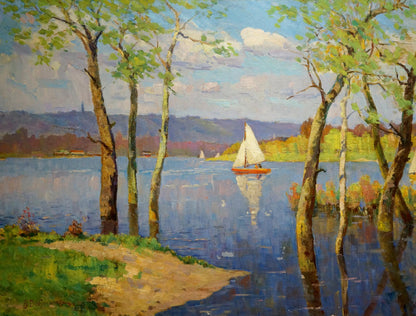 Oil painting by Dobrzhansky Victor Mikhailovich: sailboat on calm water