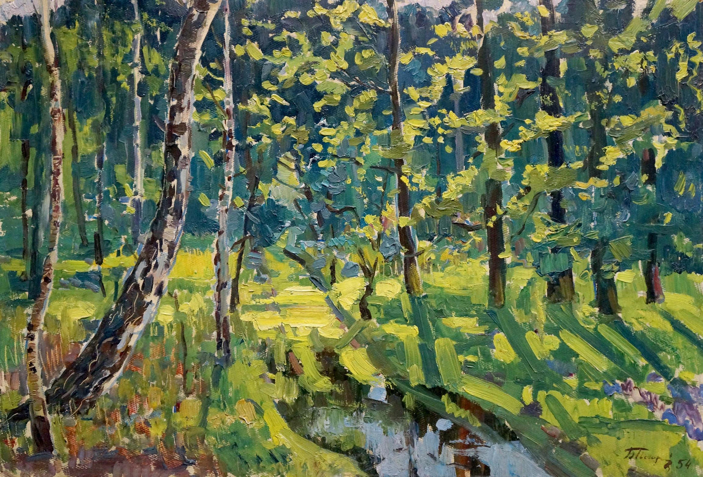 Vibrant impressionist oil painting of sun-dappled birch forest by Pavlyuchenko Vladimir