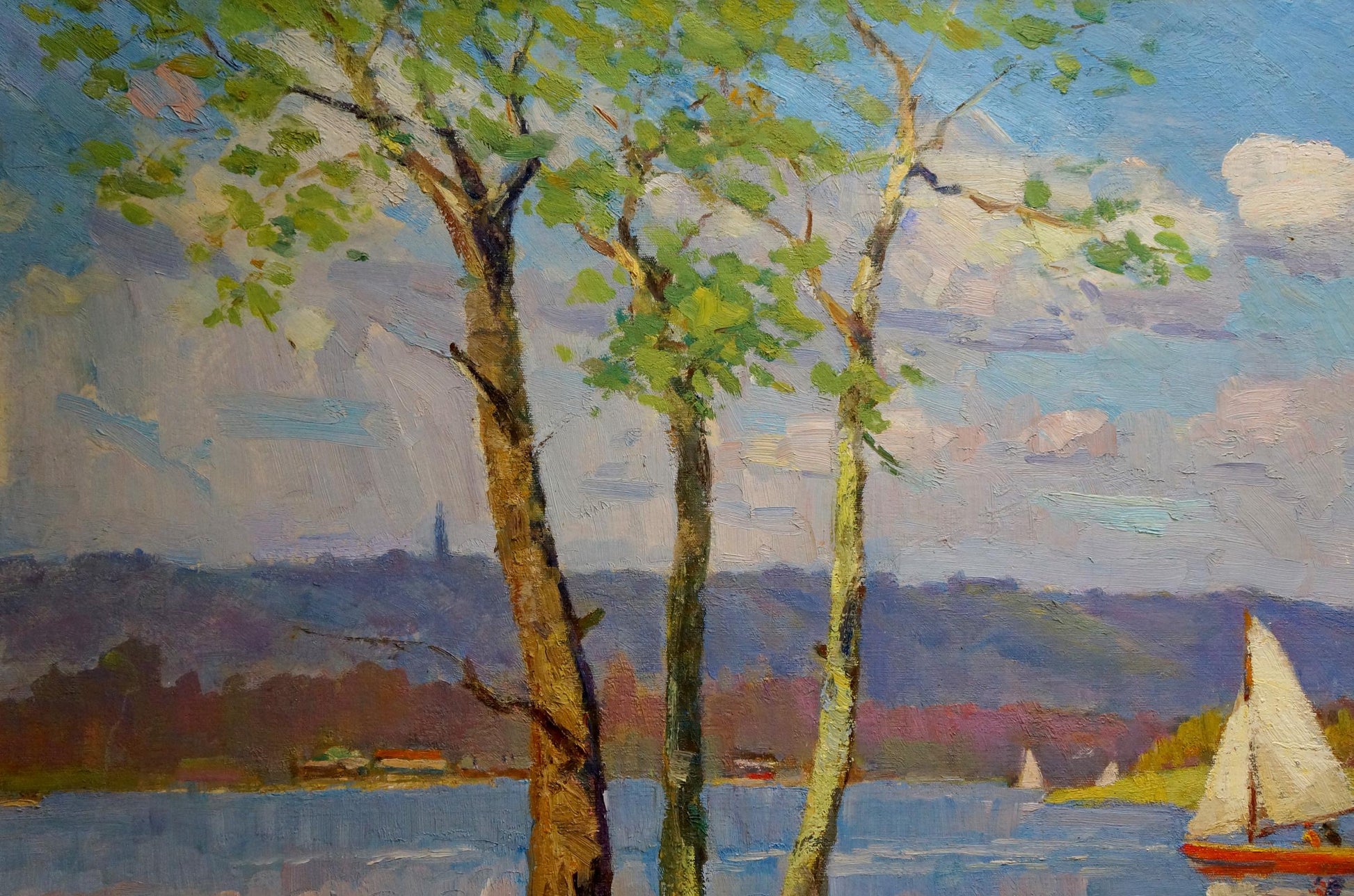 Serene oil painting by Dobrzhansky Victor Mikhailovich: trees by lake