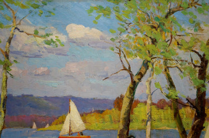 Serene sailboat oil painting by Dobrzhansky Victor Mikhailovich