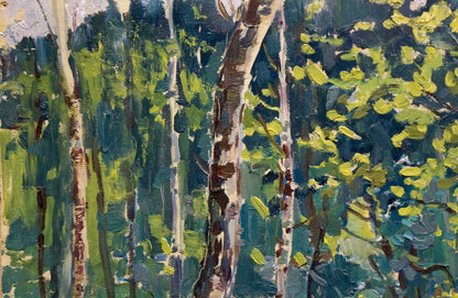 Vibrant impressionist oil painting of birch forest by Pavlyuchenko Vladimir