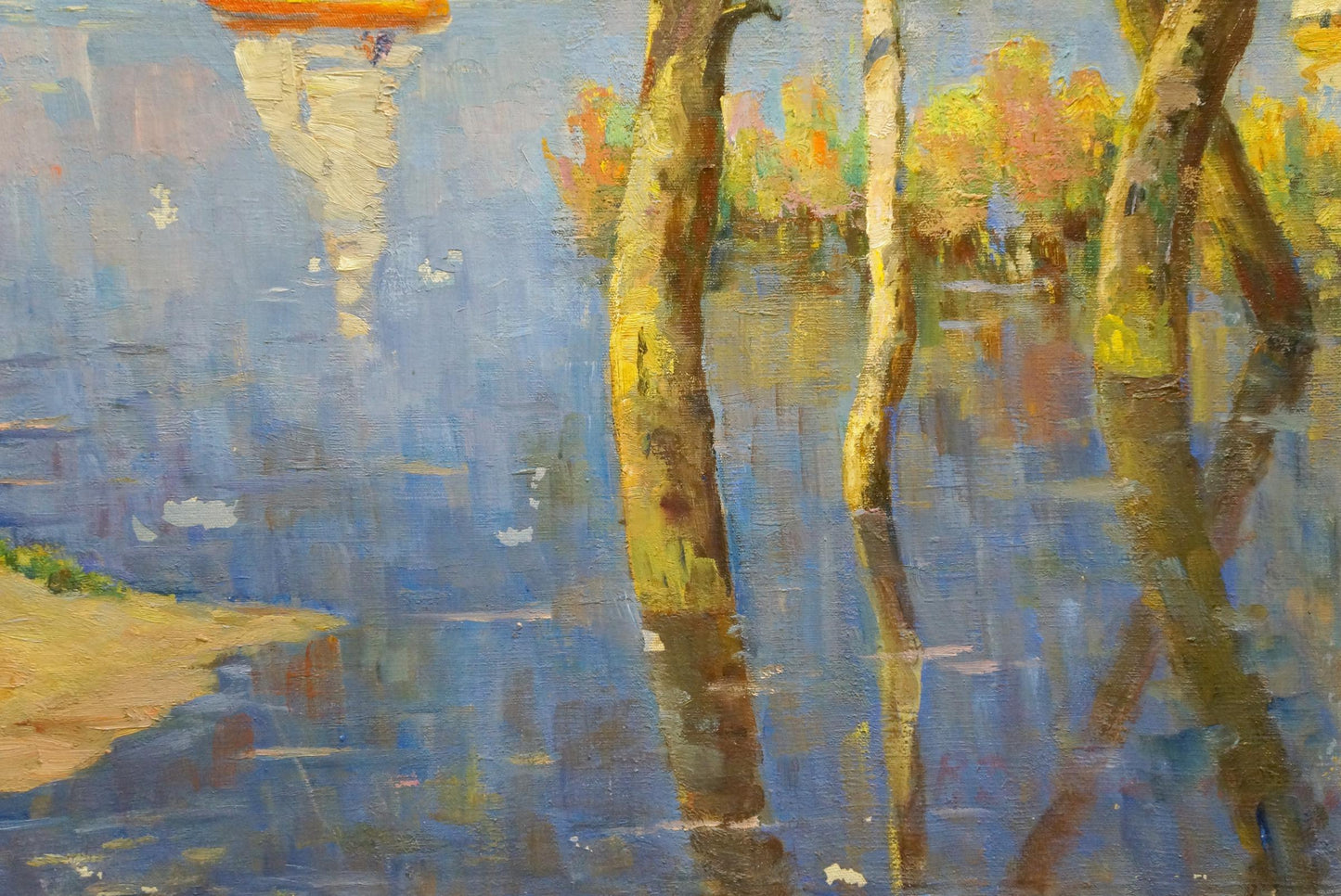 Oil painting by Dobrzhansky Victor Mikhailovich: tall trees in reflective blue water
