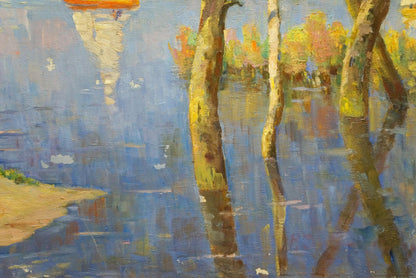 Oil painting by Dobrzhansky Victor Mikhailovich: tall trees in reflective blue water