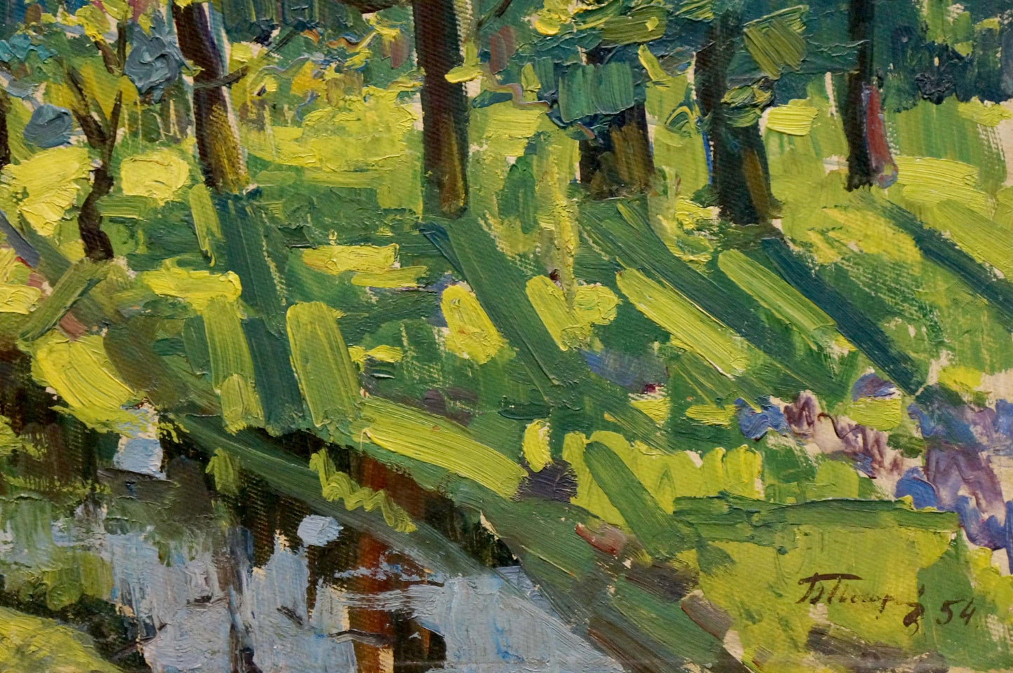 Vibrant Pavlyuchenko Vladimir oil painting of forest landscape with lush green foliage