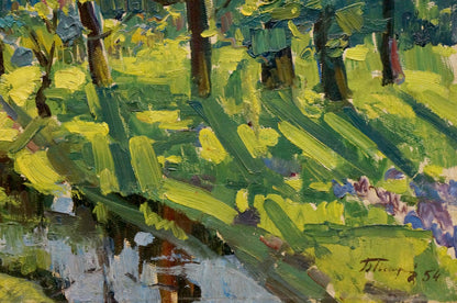 Vibrant Pavlyuchenko Vladimir oil painting of forest landscape with lush green foliage