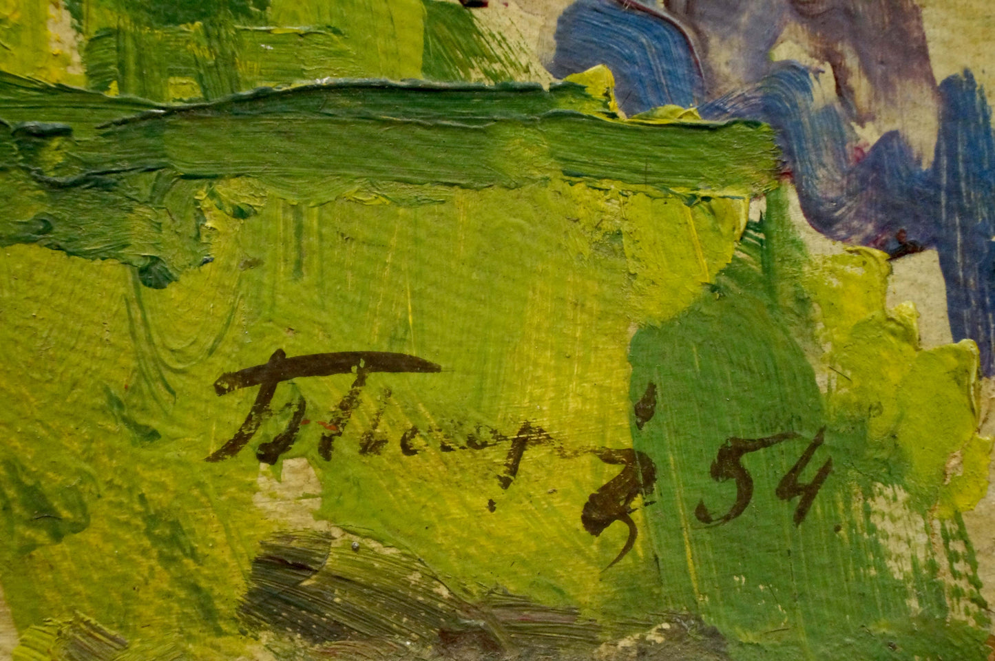 Vibrant green oil painting of forest landscape by Pavlyuchenko Vladimir with t signature