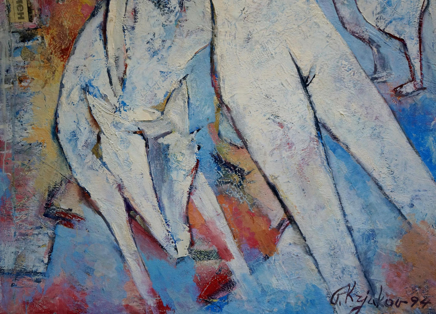 Abstract oil painting Tenderness by Kryukov Vasily Ivanovich, white blue forms on red orange yellow textured background