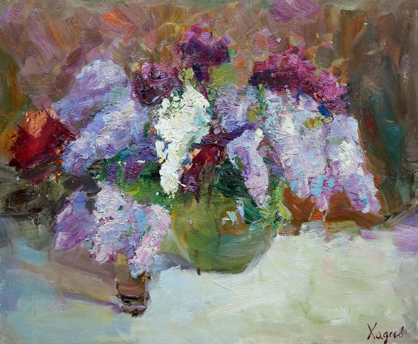 Vibrant impressionistic oil painting of lush bouquet in green vase by Hadeev Valery Alexandrovich