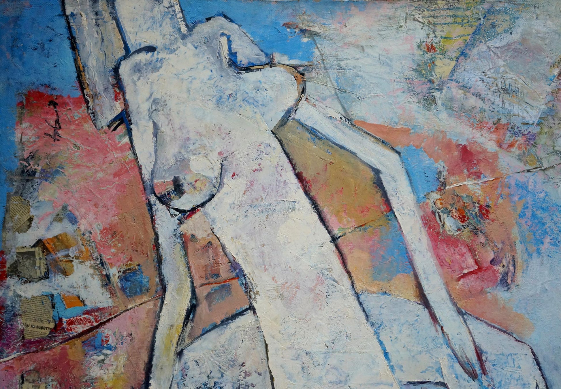 Abstract oil painting Tenderness by Kryukov Vasily Ivanovich, textured white figure on vibrant blues reds earth tones