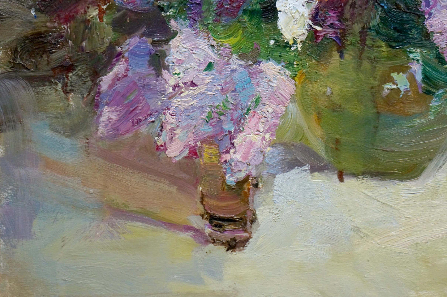 Oil painting of vibrant purple pink flowers by Hadeev Valery Alexandrovich in rustic vase