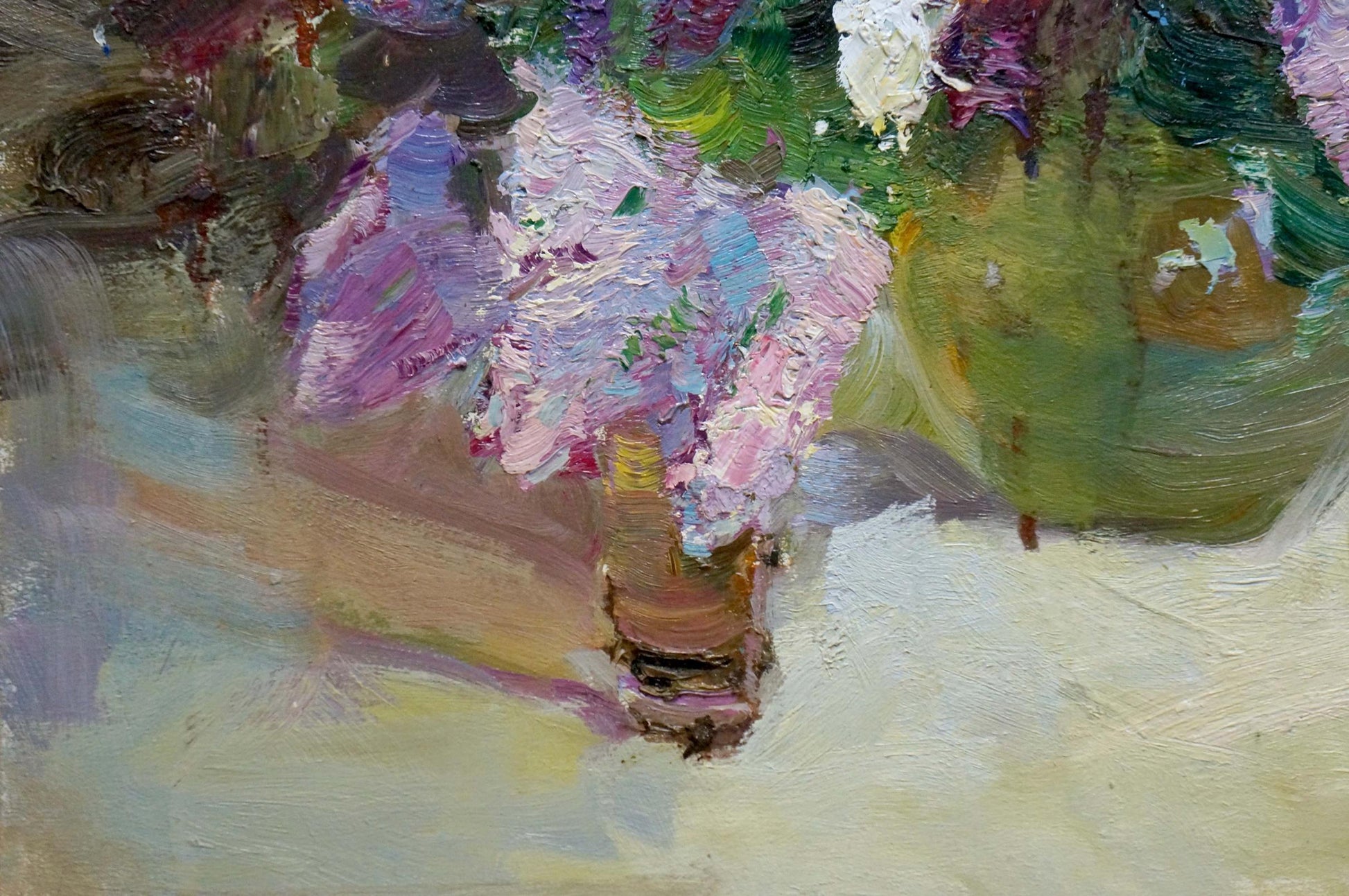 Oil painting of vibrant purple pink flowers by Hadeev Valery Alexandrovich in rustic vase