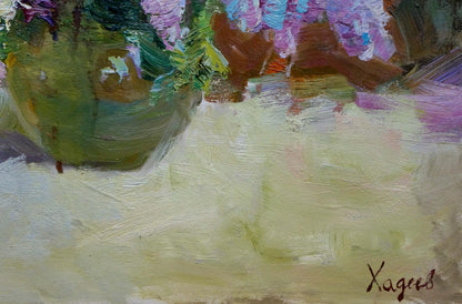 Vibrant impressionistic oil painting of purple green flowers in olive vase by Hadeev Valery Alexandrovich